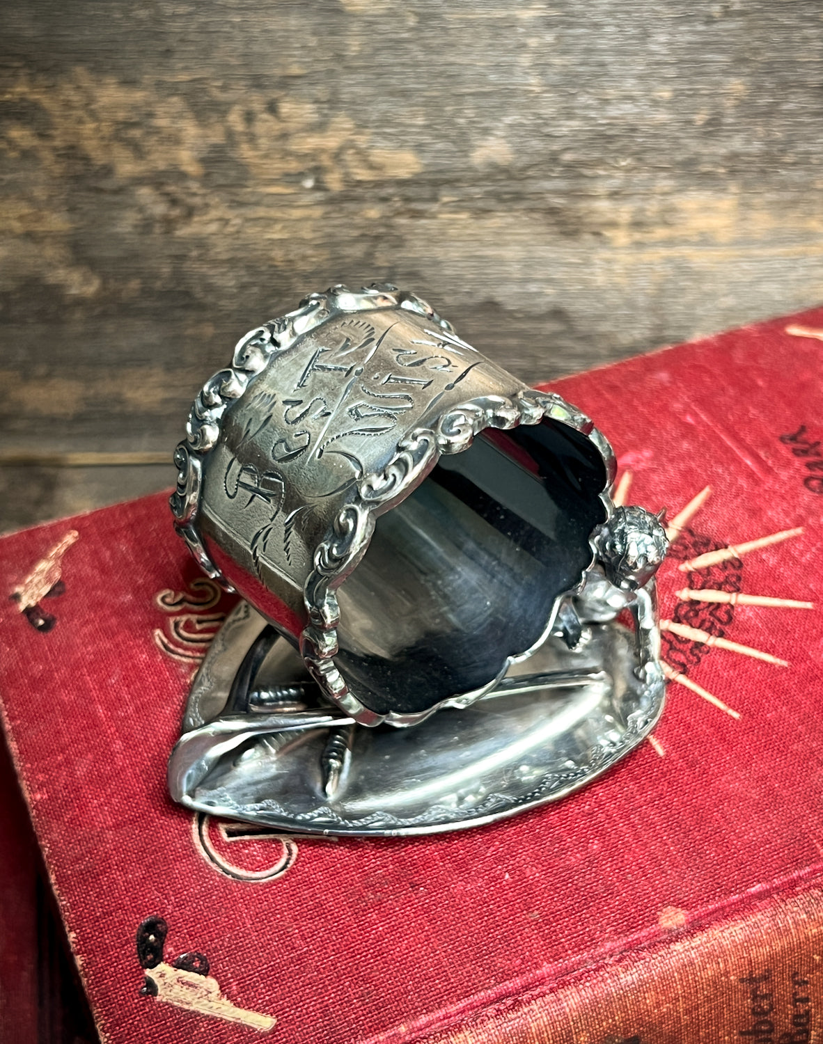 Late Victorian Silver Plate Napkin Ring w/ Good Luck Theme