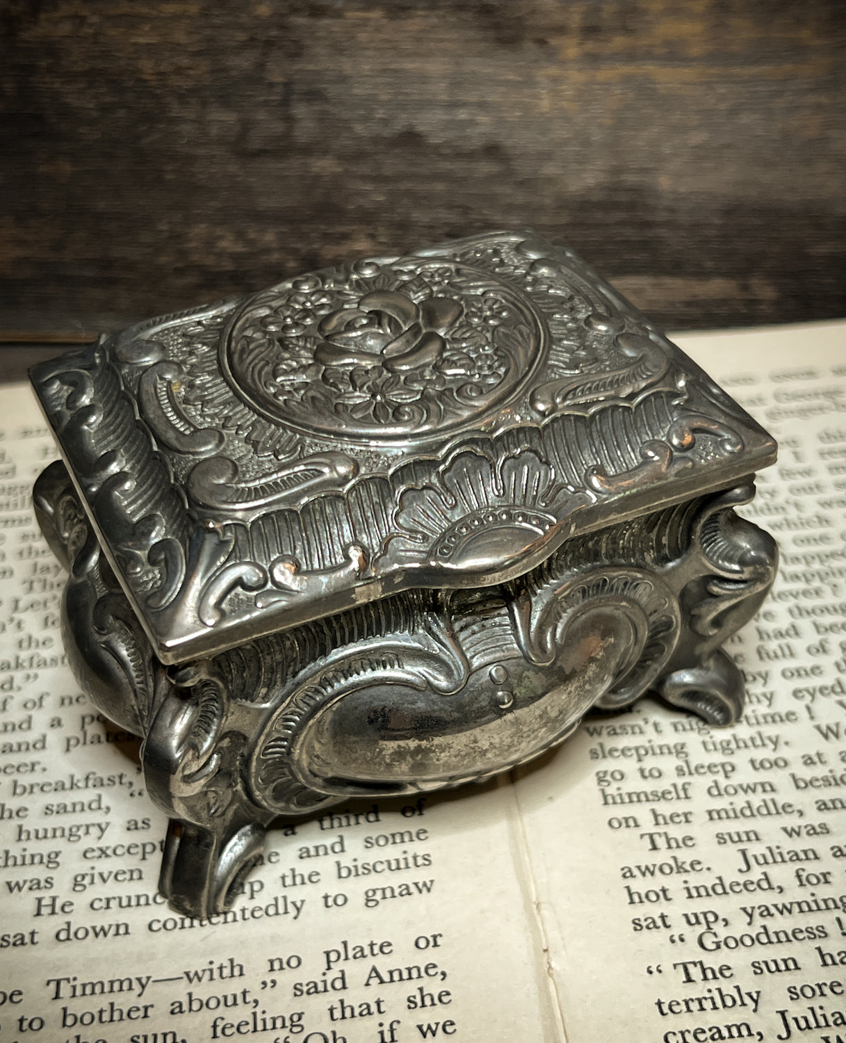 Circa 1940s Silver Plated Trinket Box w/ Red Velvet Liner