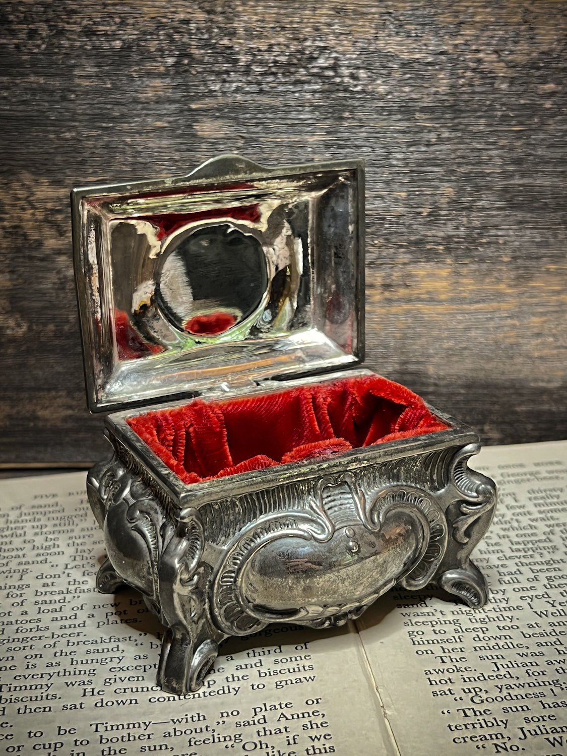 Circa 1940s Silver Plated Trinket Box w/ Red Velvet Liner