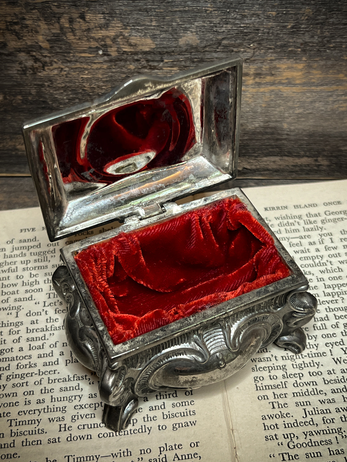 Circa 1940s Silver Plated Trinket Box w/ Red Velvet Liner