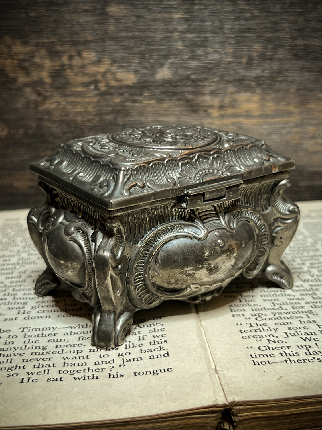 Circa 1940s Silver Plated Trinket Box w/ Red Velvet Liner