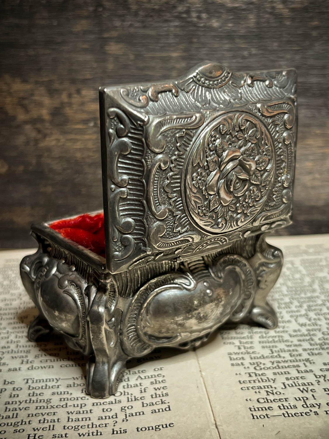 Circa 1940s Silver Plated Trinket Box w/ Red Velvet Liner