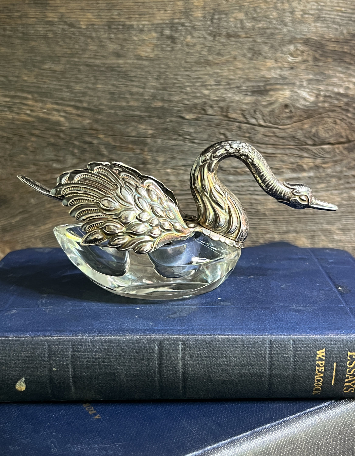 Charming Sterling Silver Swan & Crystal Salt Cellar/Caviar Dish, the Wings Open!