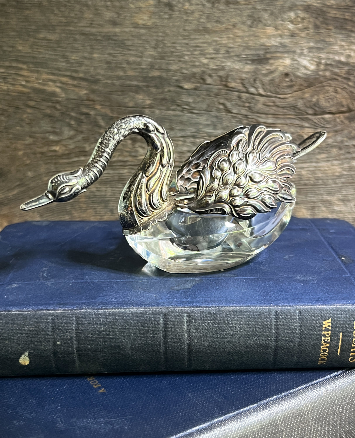 Charming Sterling Silver Swan & Crystal Salt Cellar/Caviar Dish, the Wings Open!