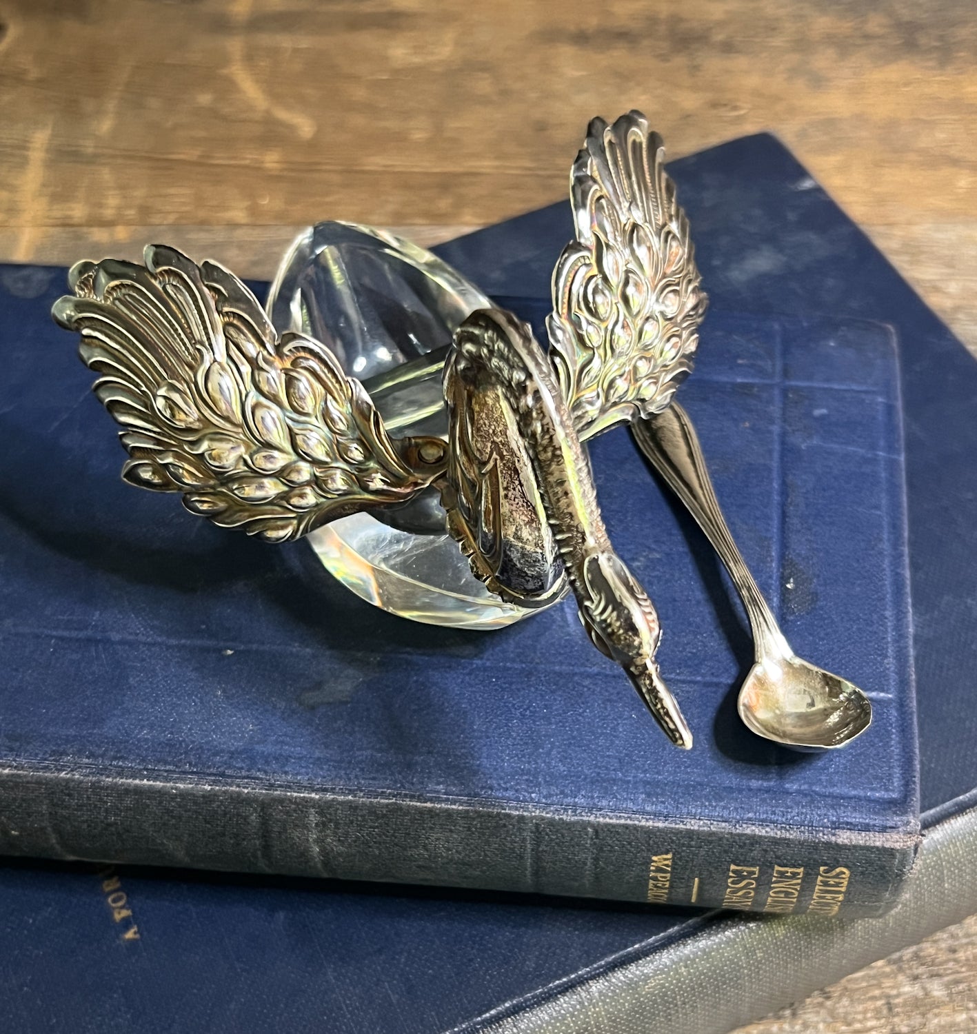 Charming Sterling Silver Swan & Crystal Salt Cellar/Caviar Dish, the Wings Open!