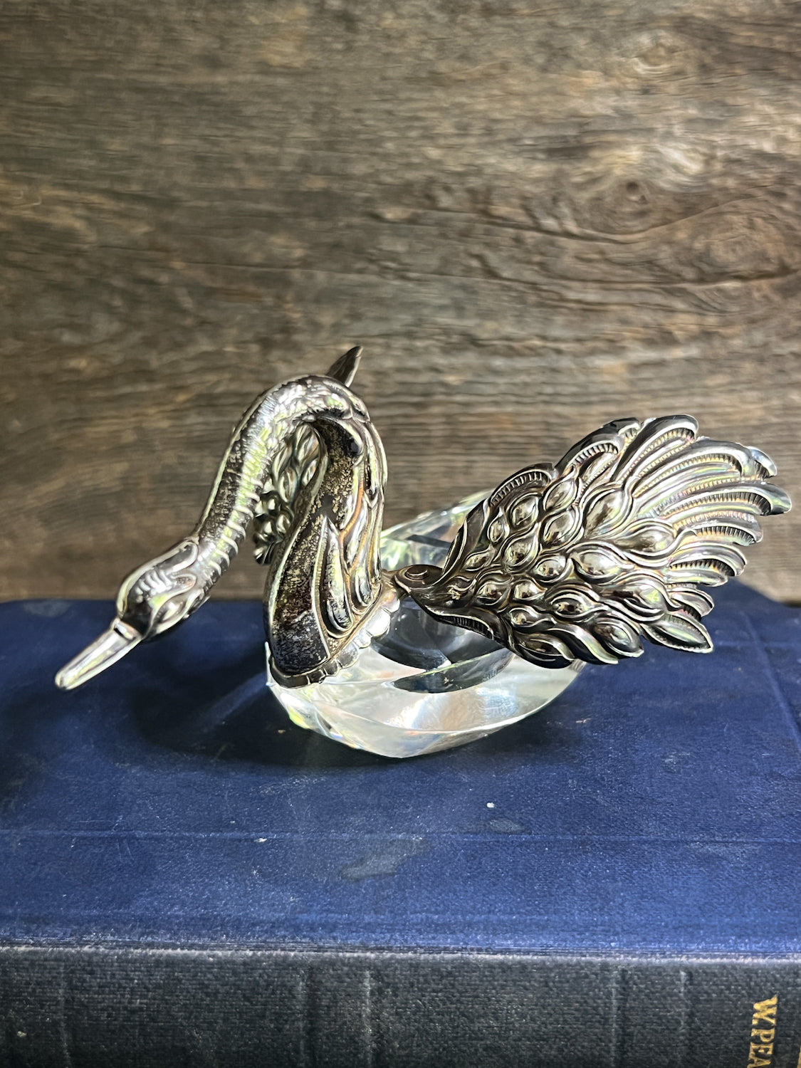 Charming Sterling Silver Swan & Crystal Salt Cellar/Caviar Dish, the Wings Open!