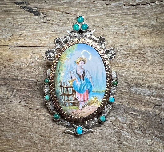 Absolutely Charming 19th Century Brooch/Pendant w/ Porcelain Enamel Painting